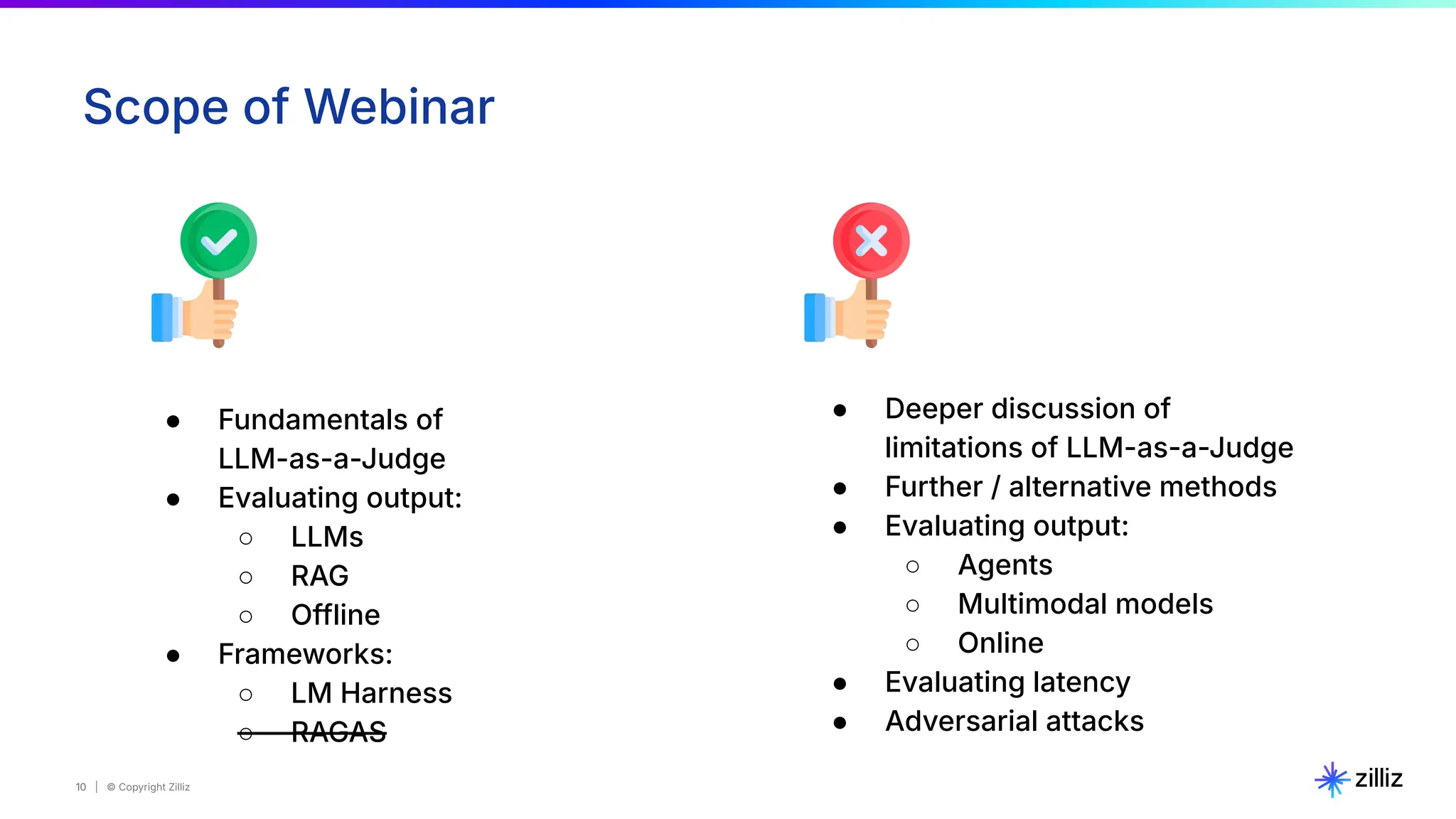 10 | © Copyright Zilliz
10
Scope of Webinar
● Deeper discussion of
limitations of LLM-as-a-Judge
● Further / alternative methods
● Evaluating output:
○ Agents
○ Multimodal models
○ Online
● Evaluating latency
● Adversarial attacks
● Fundamentals of
LLM-as-a-Judge
● Evaluating output:
○ LLMs
○ RAG
○ Offline
● Frameworks:
○ LM Harness
○ RAGAS
 