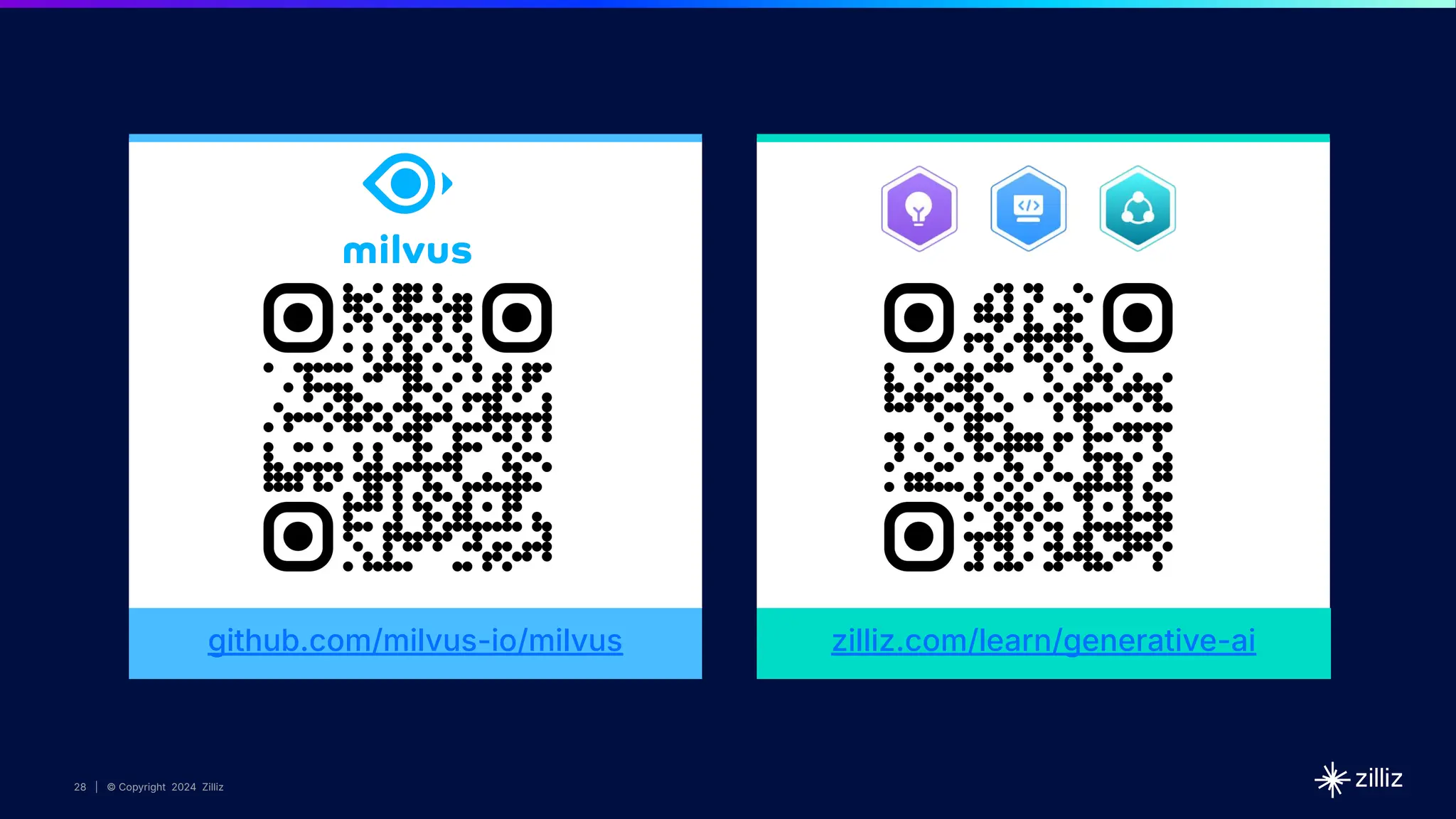 28 | © Copyright 2024 Zilliz
28
28 | © Copyright 10/22/23 Zilliz
28 | © Copyright 2024 Zilliz
github.com/milvus-io/milvus zilliz.com/learn/generative-ai
 