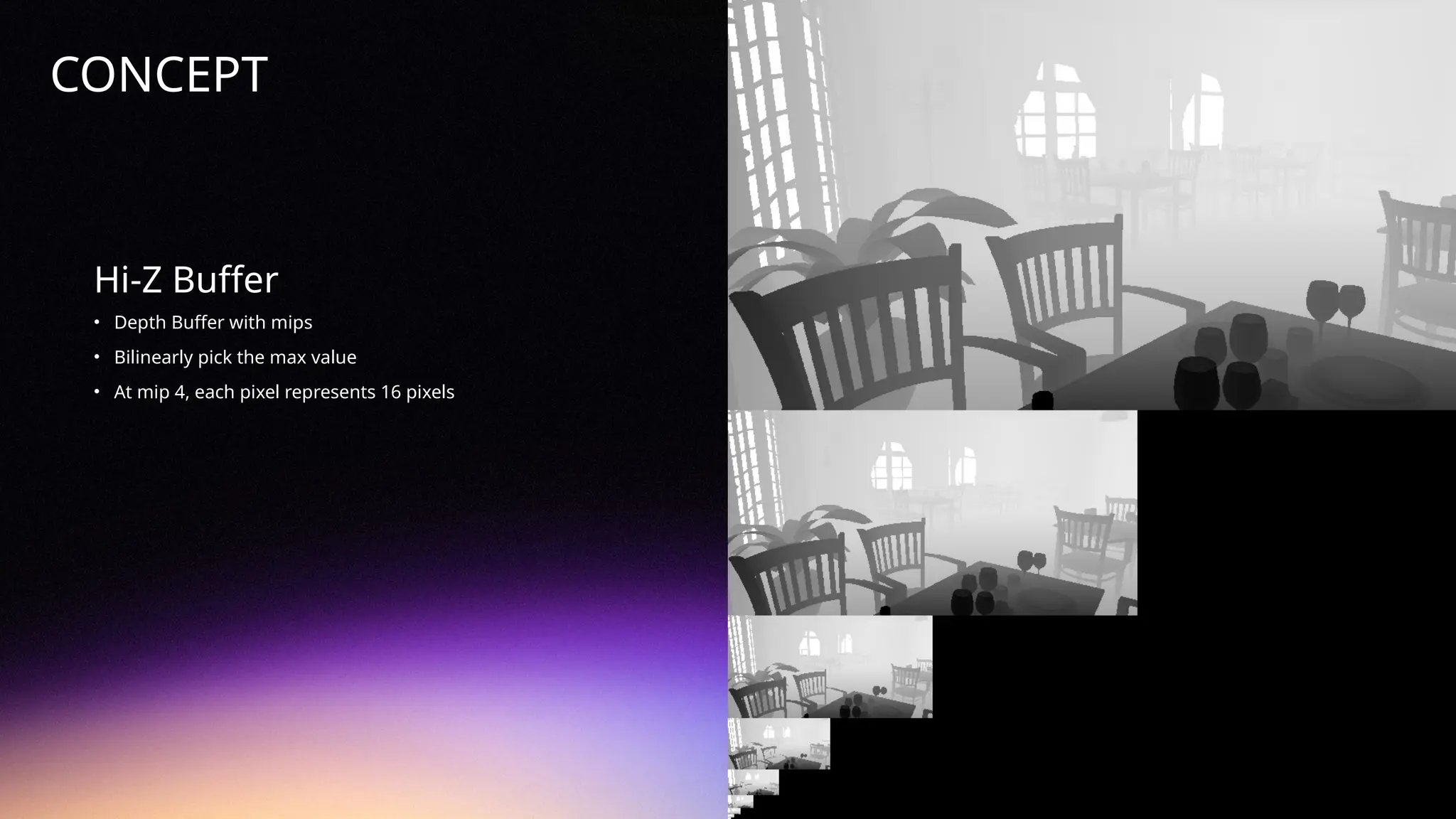 ©
2024
BEHAVIOUR
INTERACTIVE
INC.
CONFIDENTIAL.
DO
NOT
REDISTRIBUTE.
Hi-Z Buffer
• Depth Buffer with mips
• Bilinearly pick the max value
• At mip 4, each pixel represents 16 pixels
CONCEPT
 