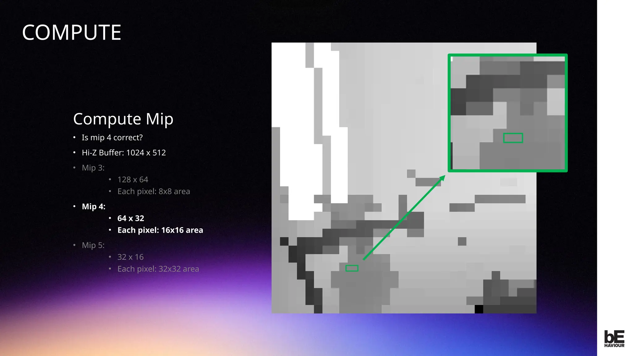 ©
2024
BEHAVIOUR
INTERACTIVE
INC.
CONFIDENTIAL.
DO
NOT
REDISTRIBUTE.
Compute Mip
• Is mip 4 correct?
• Hi-Z Buffer: 1024 x 512
• Mip 3:
• 128 x 64
• Each pixel: 8x8 area
• Mip 4:
• 64 x 32
• Each pixel: 16x16 area
• Mip 5:
• 32 x 16
• Each pixel: 32x32 area
COMPUTE
 