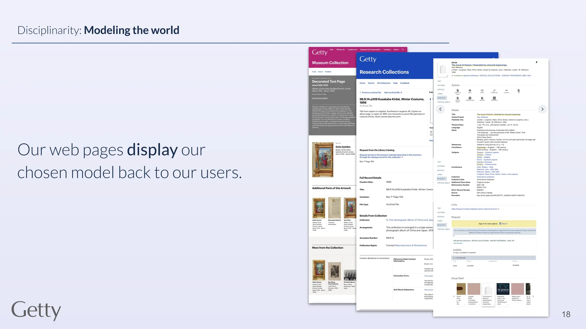 Our web pages display our
chosen model back to our users.
18
Disciplinarity: Modeling the world
 