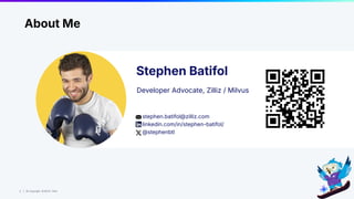 2 | © Copyright 8/16/23 Zilliz
2 | © Copyright 8/16/23 Zilliz
Stephen Batifol
Developer Advocate, Zilliz / Milvus
About Me
stephen.batifol@zilliz.com
linkedin.com/in/stephen-batifol/
@stephenbtl
 