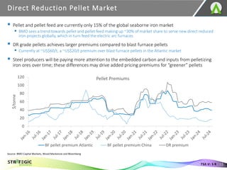 Direct Reduction Pellet Market
13
TSX.V: S R
▪ Pellet and pellet feed are currently only 15% of the global seaborne iron market
▪ BMO sees a trend towards pellet and pellet feed making up ~30% of market share to serve new direct reduced
iron projects globally, which in turn feed the electric arc furnaces
▪ DR grade pellets achieves larger premiums compared to blast furnace pellets
▪ Currently at ~US$60/t, a ~US$20/t premium over blast furnace pellets in the Atlantic market
▪ Steel producers will be paying more attention to the embedded carbon and inputs from pelletizing
iron ores over time; these differences may drive added pricing premiums for “greener” pellets
Source: BMO Capital Markets, Wood Mackenzie and Bloomberg
0
20
40
60
80
100
120
$/tonne
Pellet Premiums
BF pellet premium Atlantic BF pellet premium China DR premium
 
