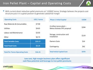 Iron Pellet Plant – Capital and Operating Costs
14
TSX.V: S R
Low cost, high margin business plan offers significant
cash flow potential and leverage to iron pellet premiums
Operating Costs US$ / tonne
Raw Materials & Consumables $7.90
Utilities $4.65
Labour and Maintenance $3.03
Other $0.73
Total Variable Costs $13.17
Total Fixed Costs $3.14
Total Per Tonne Operating Costs $16.31
Phase 1 Initial Capital US$M
4 million tonne plant –
Metso-Outotec EPC proposal
$294
Storage, construction and
installation
$119
Owners Costs $16
Contingency $42
Total Initial Capital Cost $470
▪ With current direct reduction pellet premiums at ~US$60/ tonne, Strategic believes the projects cost
structure puts it in a great position to generate substantial margin
 