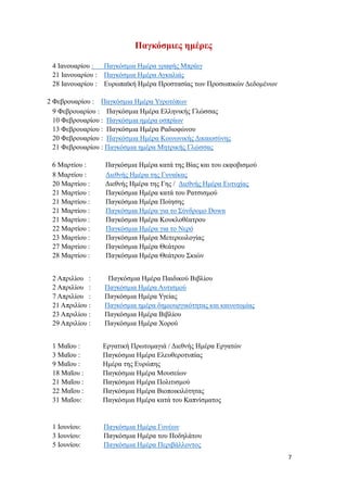 7
Παγκόσμιες ημέρες
4 Ιανουαρίου : Παγκόσμια Ημέρα γραφής Μπράιγ
21 Ιανουαρίου : Παγκόσμια Ημέρα Αγκαλιάς
28 Ιανουαρίου : Ευρωπαϊκή Ημέρα Προστασίας των Προσωπικών Δεδομένων
2 Φεβρουαρίου : Παγκόσμια Ημέρα Υγροτόπων
9 Φεβρουαρίου : Παγκόσμια Ημέρα Ελληνικής Γλώσσας
10 Φεβρουαρίου : Παγκόσμια ημέρα οσπρίων
13 Φεβρουαρίου : Παγκόσμια Ημέρα Ραδιοφώνου
20 Φεβρουαρίου : Παγκόσμια Ημέρα Κοινωνικής Δικαιοσύνης
21 Φεβρουαρίου : Παγκόσμια ημέρα Μητρικής Γλώσσας
6 Μαρτίου : Παγκόσμια Ημέρα κατά της Βίας και του εκφοβισμού
8 Μαρτίου : Διεθνής Ημέρα της Γυναίκας
20 Μαρτίου : Διεθνής Ημέρα της Γης / Διεθνής Ημέρα Ευτυχίας
21 Μαρτίου : Παγκόσμια Ημέρα κατά του Ρατσισμού
21 Μαρτίου : Παγκόσμια Ημέρα Ποίησης
21 Μαρτίου : Παγκόσμια Ημέρα για το Σύνδρομο Down
21 Μαρτίου : Παγκόσμια Ημέρα Κουκλοθέατρου
22 Μαρτίου : Παγκόσμια Ημέρα για το Νερό
23 Μαρτίου : Παγκόσμια Ημέρα Μετερεωλογίας
27 Μαρτίου : Παγκόσμια Ημέρα Θεάτρου
28 Μαρτίου : Παγκόσμια Ημέρα Θεάτρου Σκιών
2 Απριλίου : Παγκόσμια Ημέρα Παιδικού Βιβλίου
2 Απριλίου : Παγκόσμια Ημέρα Αυτισμού
7 Απριλίου : Παγκόσμια Ημέρα Υγείας
21 Απριλίου : Παγκόσμια ημέρα δημιουργικότητας και καινοτομίας
23 Απριλίου : Παγκόσμια Ημέρα Βιβλίου
29 Απριλίου : Παγκόσμια Ημέρα Χορού
1 Μαΐου : Εργατική Πρωτομαγιά / Διεθνής Ημέρα Εργατών
3 Μαΐου : Παγκόσμια Ημέρα Ελευθεροτυπίας
9 Μαΐου : Ημέρα της Ευρώπης
18 Μαΐου : Παγκόσμια Ημέρα Μουσείων
21 Μαΐου : Παγκόσμια Ημέρα Πολιτισμού
22 Μαΐου : Παγκόσμια Ημέρα Βιοποικιλότητας
31 Μαΐου: Παγκόσμια Ημέρα κατά του Καπνίσματος
1 Ιουνίου: Παγκόσμια Ημέρα Γονέων
3 Ιουνίου: Παγκόσμια Ημέρα του Ποδηλάτου
5 Ιουνίου: Παγκόσμια Ημέρα Περιβάλλοντος
 
