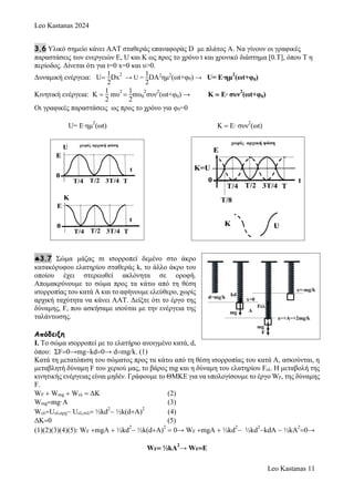 Leo Kastanas 2024
Leo Kastanas 11
3.6 Υλικό σημείο κάνει ΑΑΤ σταθεράς επαναφοράς D με πλάτος Α. Να γίνουν οι γραφικές
παραστάσεις των ενεργειών Ε, U και K ως προς το χρόνο t και χρονικό διάστημα [0.Τ], όπου Τ η
περίοδος. Δίνεται ότι για t=0 x=0 και υ>0.
Δυναμική ενέργεια: U
1
2
Dx
2
 → U =
1
2
DΑ2
ημ2
(ωt+φ0) → U= Ε∙ημ
2
(ωt+φ0)
Κινητική ενέργεια: Κ 
1
2
mυ
2

1
2
mυ0
2
συν
2
(ωt+φ0) → Κ Ε∙ συν
2
(ωt+φ0)
Οι γραφικές παραστάσεις ως προς το χρόνο για φ0=0
U= Ε∙ημ
2
(ωt) Κ Ε∙ συν
2
(ωt)
3.7 Σώμα μάζας m ισορροπεί δεμένο στο άκρο
κατακόρυφου ελατηρίου σταθεράς k, το άλλο άκρο του
οποίου έχει στερεωθεί ακλόνητα σε οροφή.
Απομακρύνουμε το σώμα προς τα κάτω από τη θέση
ισορροπίας του κατά Α και το αφήνουμε ελεύθερο, χωρίς
αρχική ταχύτητα να κάνει ΑΑΤ. Δείξτε ότι το έργο της
δύναμης, F, που ασκήσαμε ισούται με την ενέργεια της
ταλάντωσης.
Απόδειξη
Ι. Το σώμα ισορροπεί με το ελατήριο ανοιγμένο κατά, d,
όπου: ΣF0→mgkd0→ dmg/k. (1)
Κατά τη μετατόπιση του σώματος προς τα κάτω από τη θέση ισορροπίας του κατά Α, ασκούνται, η
μεταβλητή δύναμη F του χεριού μας, το βάρος mg και η δύναμη του ελατηρίου Fελ. Η μεταβολή της
κινητικής ενέργειας είναι μηδέν. Γράφουμε το ΘΜΚΕ για να υπολογίσουμε το έργο WF, της δύναμης
F.
WF  Wmg  Wελ  ΔΚ (2)
Wmgmg·A (3)
WελUελ,αρχ Uελ,τελ ½kd
2
 ½k(dΑ)
2
(4)
ΔΚ0 (5)
(1)(2)(3)(4)(5): WF mgΑ  ½kd
2
 ½k(dΑ)
2
 0→ WF mgΑ  ½kd
2
 ½kd
2
kdΑ  ½kΑ
2
0→
WF ½kA
2
→ WFE
 