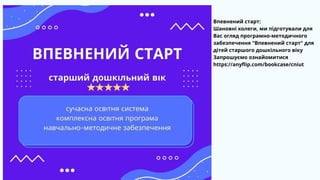Впевнений старт:
Шановні колеги, ми підготували для
Вас огляд програмно-методичного
забезпечення "Впевнений старт" для
дітей старшого дошкільного віку
Запрошуємо ознайомитися
https://anyflip.com/bookcase/cniut
 