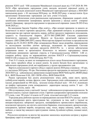 рішення ХХVІ сесії VІІІ скликання Мамаївської сільської ради від 17.07.2024 № 394-
26/24 «Про організацію харчування учнів закладів загальної середньої освіти та
вихованців закладів дошкільної освіти Мамаївської територіальної громади у 2024/2025
навчальному році» з 01 листопада 2024 року по 06.06.2025 року в закладі освіти було
організовано безкоштовне харчування для всіх учнів 1-4 класів.
З метою забезпечення учнів раціональним харчуванням, збереження здоров'я дітей,
запобігання виникненню захворювань органів травлення у закладі освіти створено
комісії з бракеражу продуктів харчування та продовольчої сировини (наказ № 202-О від
30.08.2024 р.) .
На виконання Законів України «Про освіту», «Про основні принципи та вимоги до
безпечності та якості харчових продуктів», «Про державний контроль за дотриманням
законодавства про харчові продукти, корми, побічні продукти тваринного походження,
здоров’я та благополуччя тварин», ДСТУ ISO 22000:2007 Системи управління
безпечністю харчових продуктів. Вимоги до будь-яких організацій харчового
ланцюга (ISO 22000:2005,IDT), наказу Міністерства аграрної політики та продовольства
України від 01.10.2012 №590 «Про затвердження Вимог щодо розробки, впровадження
та застосування постійно діючих процедур, заснованих на принципах Системи
управління безпечністю харчових продуктів (НАССР)» та з метою забезпечення
дотримання вимог за організацією безпечного та якісного харчування,а також
запобігання виникнення харчових отруєнь в Стрілецькокутському ОЗЗСО І-ІІІ ст.
створено робочу групу по впровадженню системи НАССР в Стрілецькокутському
ОЗЗСО І-ІІІ ст.(наказ від 19.08.2024 року №177-О).
Учні 5-11 класів, на яких не поширюються пільги щодо безкоштовного харчування,
мали змогу придбати обіди за власні кошти. За кошти батьків було організовано та
забезпечено харчування дітей, які перебувають у групах продовженого дня.
Вартість комплексного гарячого обіду в вересні-жовтні 2024 року становила – 45 грн,
а з листопада 2024 року- 50 грн. Постачання продуктів харчування до шкільної їдальні у
2024/2025 н.р. здійснювалось приватними підприємцями ФОП Чоботар В.І.,ФОПГуйван
В.А., ФОП Палагнюк О.М., ПП СВТФ «ІЗА», ФОП Рябой Ю.В.
Раціон харчування був досить різноманітним: м'ясо, риба, свіжі овочі, крупи,
хлібобулочні вироби, печиво, фрукти, соки. Харчування учнів здійснювався в шкільній
їдальні, розрахованій на 108 місць, загальна площа обідньої зали – 101.4 м2
, відповідно
до графіку харчування учнів затвердженого директором закладу освіти. У залі – 20
шестимісних столів, лавок – 40.
Обслуговування учнів у шкільній їдальні здійснювалося кухарським персоналом. За
кожним класом у їдальні закріплені столи. Гарячим одноразовим харчуванням охоплено
273 учнів, з них 99 учнів 1-4 класів та 47 учнів пільгової категорії 5-11 класів.
Упродовж року робочою групою по впровадженню системи НАССР в закладі освіти
щодня перевірялася якість приготування їжі, слідкували за тим, щоб у їдальні не
використовувались заборонені продукти, напівфабрикати промислового виробництва,
недозволені продукти, що містять синтетичні барвники, підсолоджувачі, ароматизатори,
консерванти, кремові вироби, натуральну каву, чіпси, жирну свинину, гриби, соуси,
майонез, а також їжу швидкого приготування: мівіни, бульйонні кубики, газовані напої,
кетчуп.
Результати контролю за якістю їжі щоденно заносились медичною сестрою у журнал
бракеражу сирої та готової продукції.
 