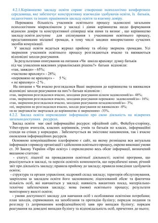 4.2.1.Керівництво закладу освіти сприяє створенню психологічно комфортного
середовища, яке забезпечує конструктивну взаємодію здобувачів освіти, їх батьків,
педагогічних та інших працівників закладу освіти та взаємну довіру.
Переважна більшість учасників освітнього процесу задоволені загальним
психологічним мікрокліматом у закладі і діями керівництва щодо формування
відносин довіри та конструктивної співпраці між ними та визнає , що керівництво
закладу освіти доступне для спілкування з учасниками освітнього процесу,
представниками місцевої громади, в тому числі завдяки використанню сучасних
засобів комунікації.
У закладі освіти ведеться журнал прийому та обліку звернень громадян. Усі
звернення учасників освітнього процесу розглядаються вчасно та вживаються
відповідні заходи реагування.
За результатами опитування на питання «Чи школа враховує думку батьків
під час ухвалення важливих управлінських рішень?» батьки відповіли:
«так, завжди» - 65%;
«частково враховує» - 28%;
«переважно не враховує» - 5 %;
« не враховує» -2 % .
На питання « Чи вчасно розглядалися Ваші звернення до керівництва та вживалися
відповідні заходи реагування на них?» батьки відповіли :
«так, звернення розглядалися вчасно, заходами реагування цілком задоволений/а»- 48%;
«так, звернення розглядалися вчасно, заходами реагування переважно задоволений/а»- 16%;
«так, звернення розглядалися вчасно, заходами реагування незадоволений/а»- 3%;
«ні, звернення не розглядалися вчасно, заходи реагування не вживалися» -0%;
«я не звертався/не зверталася до керівництва зі зверненням» -33%.
4.2.2. Заклад освіти оприлюднює інформацію про свою діяльність на відкритих
загальнодоступних ресурсах.
Заклад освіти має свої інформаційні ресурси: офіційний сайт, Фейсбук-сторінку,
Viber-групи вчителів, класних керівників, учнів та батьків по класах, інформаційні
стенди на стінах у коридорах . Забезпечується як змістовне наповнення, так і вчасне
оновлення інформаційних ресурсів.
Основною комунікаційною платформою є сайт, на якому розміщена вся актуальна
інформація з приводу організації і здійснення освітнього процесу, окремо виконані умови
ст. 30 Закону України «Про освіту» і оприлюднено весь обсяг інформації, визначений
вказаною статтею:
- статут; ліцензії на провадження освітньої діяльності; освітні програми, що
реалізуються в закладі, та перелік освітніх компонентів, що передбачені ними; річний
звіт про діяльність закладу; правила прийому до закладу; правила поведінки здобувачів
освіти;
- структура та органи управління; кадровий склад закладу; територія обслуговування,
закріплена за закладом освіти його засновником; ліцензований обсяг та фактична
кількість осіб, які навчаються у закладі; наявність вакантних посад, матеріально-
технічне забезпечення закладу; мова (мови) освітнього процесу; результати
моніторингу якості освіти;
- умови доступності закладу для навчання осіб з особливими освітніми потребами;
план заходів, спрямованих на запобігання та протидію булінгу; порядок подання та
розгляду (з дотриманням конфіденційності) заяв про випадки булінгу; порядок
реагування на доведені випадки булінгу та відповідальність осіб, причетних до нього;
 