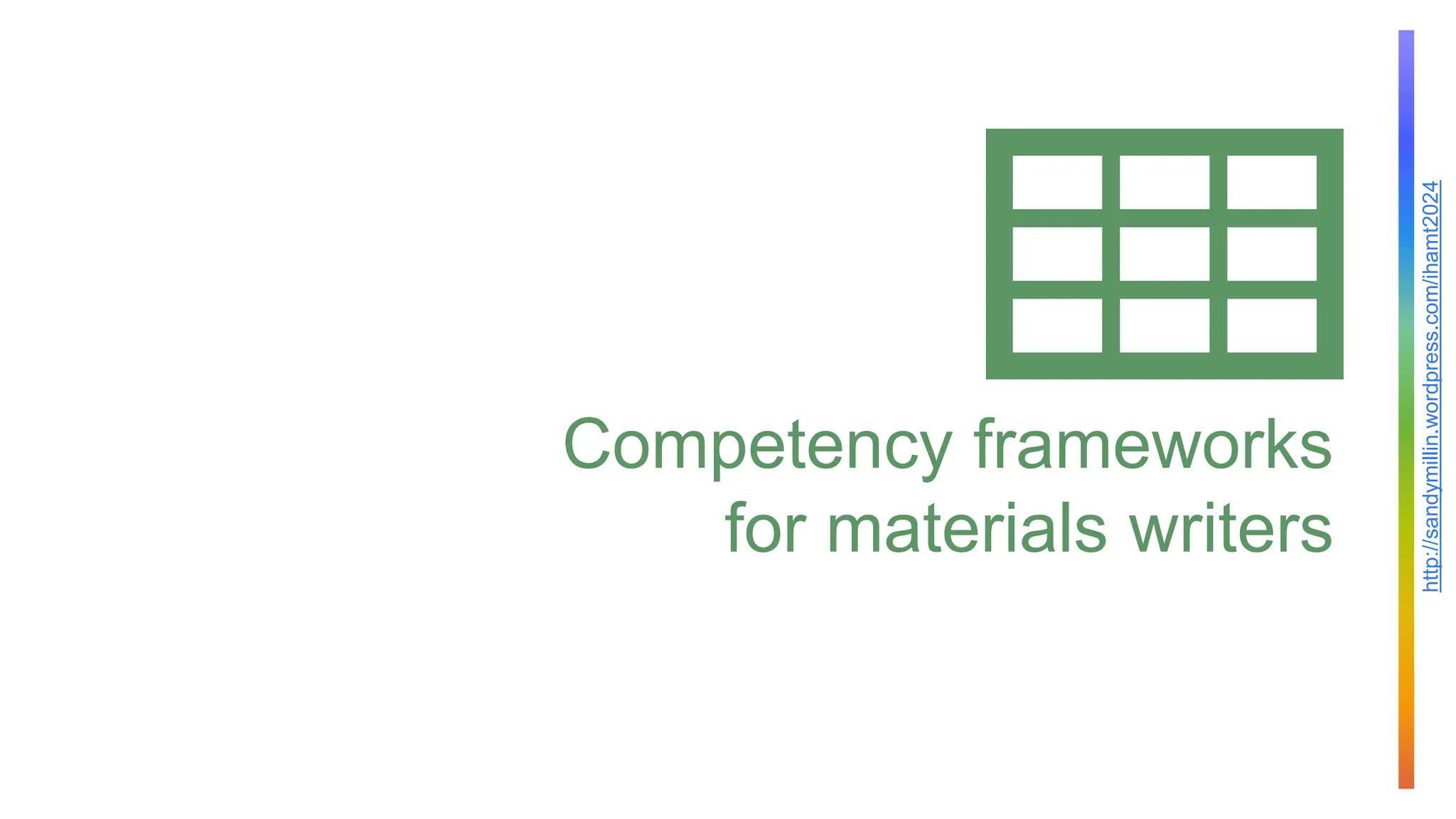 http://sandymillin.wordpress.com/ihamt2024
Competency frameworks
for materials writers
 