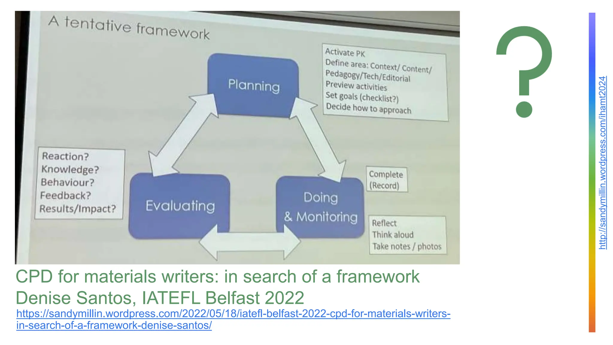 http://sandymillin.wordpress.com/ihamt2024
CPD for materials writers: in search of a framework
Denise Santos, IATEFL Belfast 2022
https://sandymillin.wordpress.com/2022/05/18/iatefl-belfast-2022-cpd-for-materials-writers-
in-search-of-a-framework-denise-santos/
 