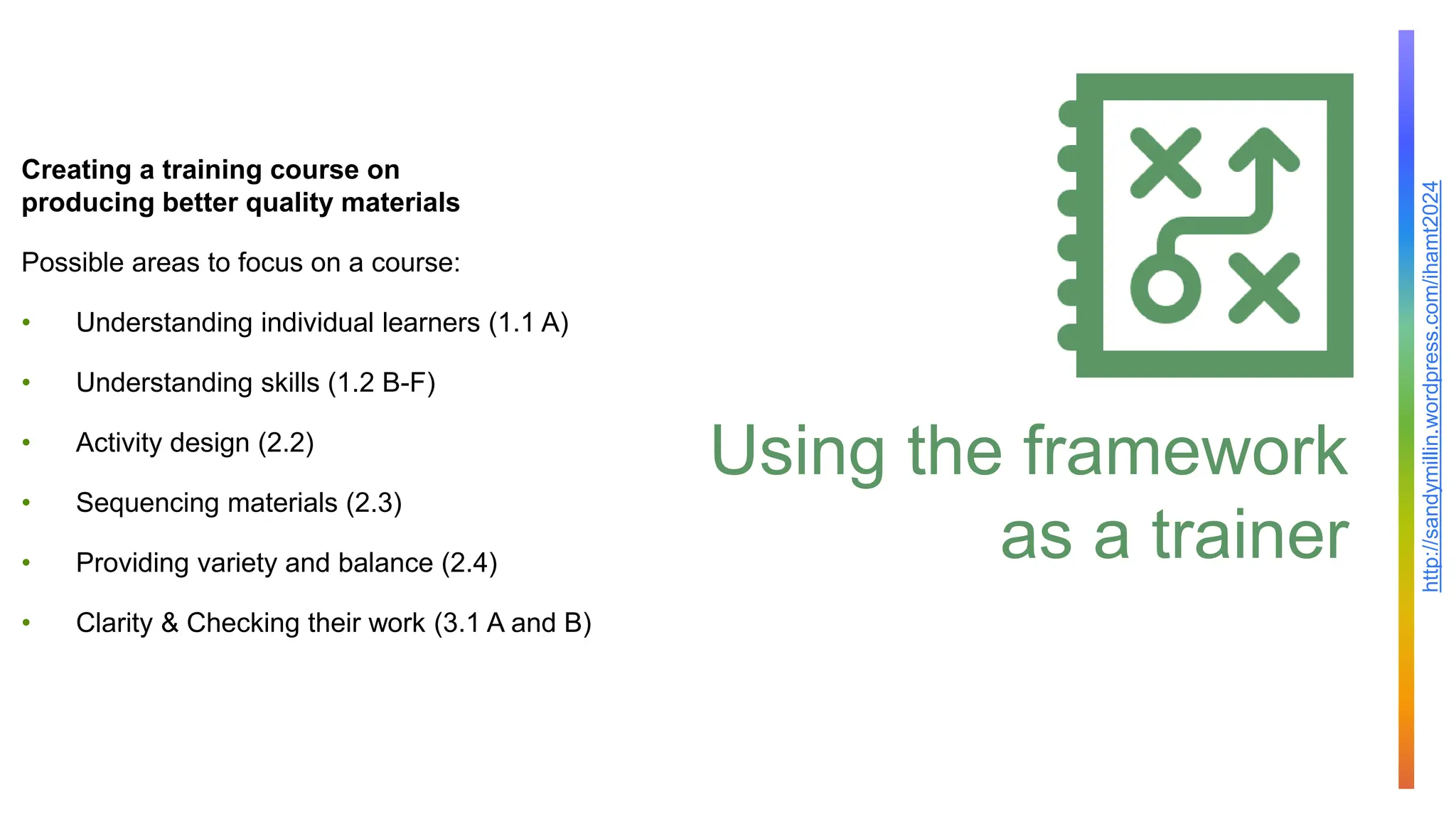 http://sandymillin.wordpress.com/ihamt2024
Using the framework
as a trainer
Creating a training course on
producing better quality materials
Possible areas to focus on a course:
• Understanding individual learners (1.1 A)
• Understanding skills (1.2 B-F)
• Activity design (2.2)
• Sequencing materials (2.3)
• Providing variety and balance (2.4)
• Clarity & Checking their work (3.1 A and B)
 