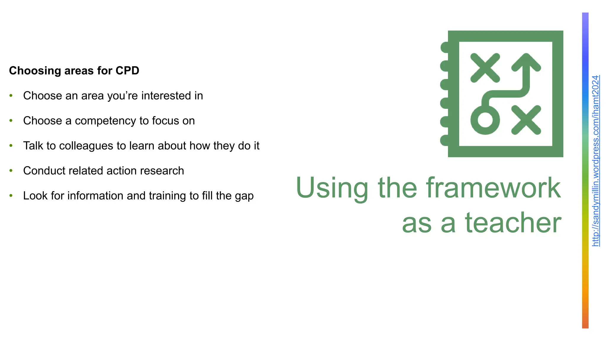 http://sandymillin.wordpress.com/ihamt2024
Using the framework
as a teacher
Choosing areas for CPD
• Choose an area you’re interested in
• Choose a competency to focus on
• Talk to colleagues to learn about how they do it
• Conduct related action research
• Look for information and training to fill the gap
 
