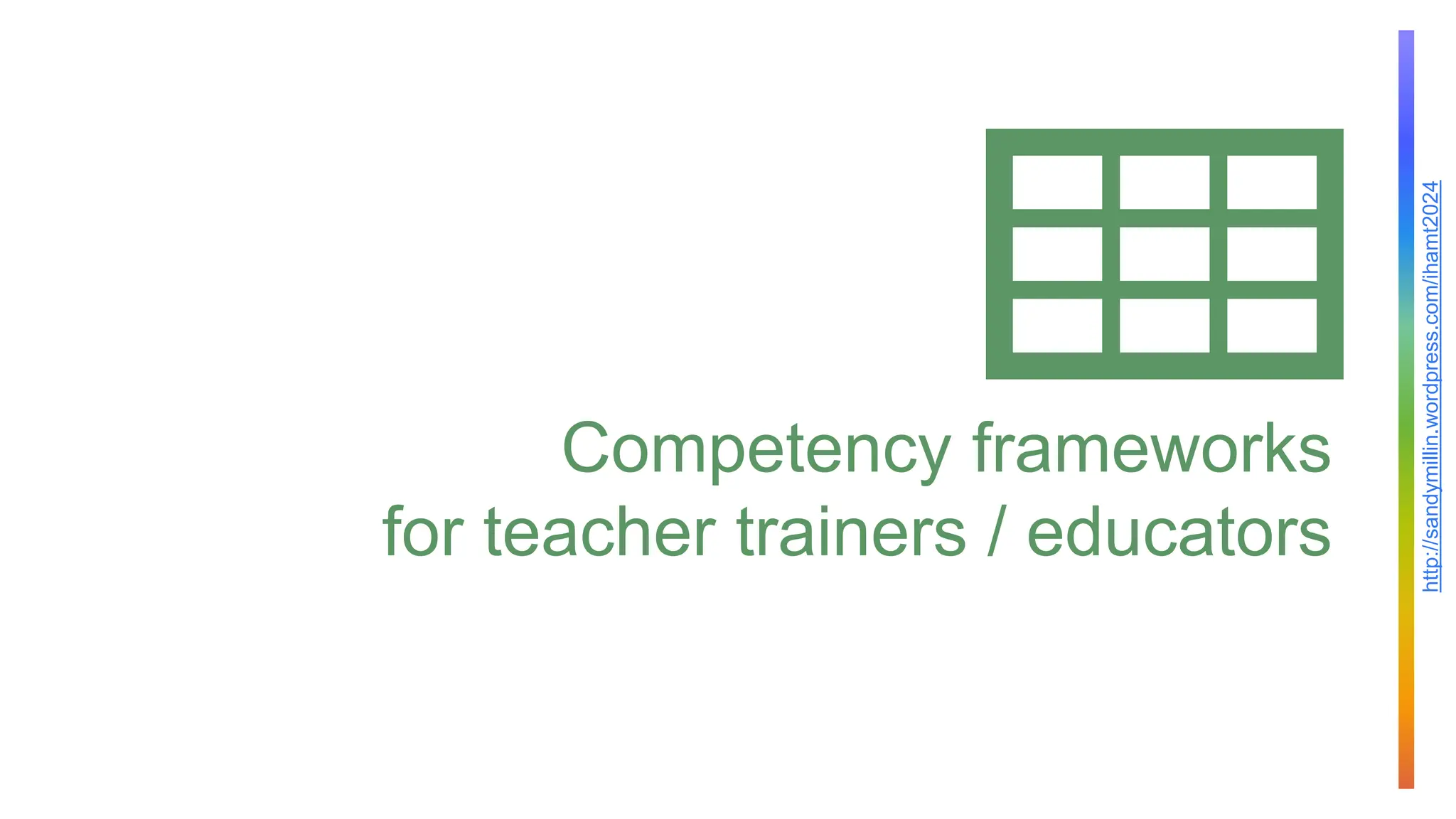 http://sandymillin.wordpress.com/ihamt2024
Competency frameworks
for teacher trainers / educators
 