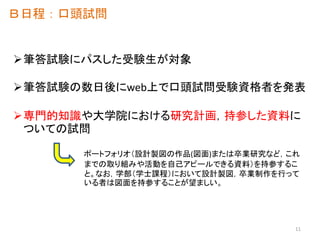 Ｂ日程：口頭試問
筆答試験にパスした受験生が対象
筆答試験の数日後にweb上で口頭試問受験資格者を発表
専門的知識や大学院における研究計画，持参した資料に
ついての試問
11
ポートフォリオ（設計製図の作品(図面)または卒業研究など，これ
までの取り組みや活動を自己アピールできる資料）を持参するこ
と。なお，学部（学士課程）において設計製図，卒業制作を行って
いる者は図面を持参することが望ましい。
 