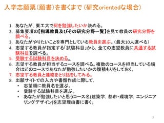 入学志願票（願書）を書くまで (研究orientedな場合)
1. あなたが，東工大で何を勉強したいか決める。
2. 募集要項の【指導教員及びその研究分野一覧】を見て教員の研究分野を
調べる。
3. あなたがやりたいことを専門としている教員を選ぶ。（最大10人選べる）
4. 志望する教員が指定する「試験科目」から，全ての志望教員に共通する試
験科目を調べる。
5. 受験する試験科目を決める。
6. 志望する教員が担当するコースを調べる。複数のコースを担当している場
合はどのコースであなたが勉強したいかの腹積もりをしておく。
7. 志望する教員と連絡をとり話をしてみる。
8. 出願サイトでの入力や書類作成に際して，
• 志望順に教員名を選ぶ。
• 受験する試験科目を選ぶ。
• あなたが勉強したいと思うコース名(建築学，都市・環境学，エンジニア
リングデザイン)を志望理由書に書く。
13
 