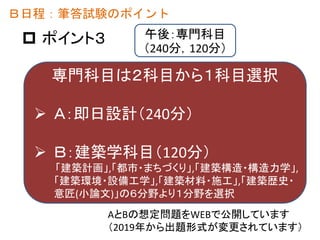  ポイント３
Ｂ日程：筆答試験のポイント
専門科目は２科目から１科目選択
 Ａ：即日設計（240分）
 Ｂ：建築学科目（120分）
「建築計画」,「都市・まちづくり」,「建築構造・構造力学」,
「建築環境・設備工学」,「建築材料・施工」,「建築歴史・
意匠(小論文)」の６分野より１分野を選択
AとBの想定問題をWEBで公開しています
（2019年から出題形式が変更されています）
午後：専門科目
（240分，120分）
9
 