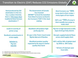 Transition to Electric (EAF) Reduces CO2 Emissions Globally
The Government of Canada
has invested
$870M(2) to fund the transition
from Blast Furnaces to Electric
Arc Furnaces (“EAF’s”) for steel
making
Steel produced by EAF
steelmakers in the U.S.
has a carbon intensity
that is ~75% lower than
traditional blast furnace
steelmakers (1)
Blast Furnaces use ~25%
scrap steel in their recipe +
many types of iron inputs
EAF’s use ~75% of scrap in
their metallic iron recipe to
make steel
Leads to scarcity of
prime scrap
Residuals contaminants in
scrap supply
Solution is:
Pig iron
HBI/DRI
BlackRock will produce high-
purity pig iron
#1 spec is Rio Tinto’s Sorel metal
PigIronalsoout of Quebec
BlackRock product quality
expected to be equal or better
quality than Sorel
Pig iron in high demand as USA,
Japan & EU go fully electric
Disrupts supply/material flows
across steel supply chain
EAF’s will be 50% of global steel
by 2050 vs. 30% today
~1B tons of steel per year
from EAFs
(1) 2022 CRU Group study released by Steel Manufacturers Association
(2) $420Mfor Algoma Steel, $400 million for ArcelorMittal Dofasco and $49.9-million for Stelco
8
TSX.V: S R
 