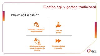 Gestão ágil x gestão tradicional
Projeto ágil, o que é?
 