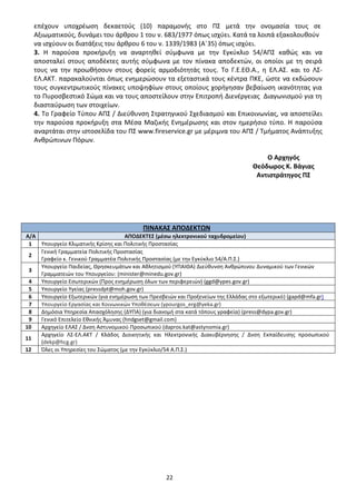 22
επέχουν υποχρέωση δεκαετούς (10) παραμονής στο ΠΣ μετά την ονομασία τους σε
Αξιωματικούς, δυνάμει του άρθρου 1 του ν. 683/1977 όπως ισχύει. Κατά τα λοιπά εξακολουθούν
να ισχύουν οι διατάξεις του άρθρου 6 του ν. 1339/1983 (Α΄35) όπως ισχύει.
3. Η παρούσα προκήρυξη να αναρτηθεί σύμφωνα με την Εγκύκλιο 54/ΑΠΣ καθώς και να
αποσταλεί στους αποδέκτες αυτής σύμφωνα με τον πίνακα αποδεκτών, οι οποίοι με τη σειρά
τους να την προωθήσουν στους φορείς αρμοδιότητάς τους. Το Γ.Ε.ΕΘ.Α., η ΕΛ.ΑΣ. και το ΛΣ-
ΕΛ.ΑΚΤ. παρακαλούνται όπως ενημερώσουν τα εξεταστικά τους κέντρα ΠΚΕ, ώστε να εκδώσουν
τους συγκεντρωτικούς πίνακες υποψηφίων στους οποίους χορήγησαν βεβαίωση ικανότητας για
το Πυροσβεστικό Σώμα και να τους αποστείλουν στην Επιτροπή Διενέργειας Διαγωνισμού για τη
διασταύρωση των στοιχείων.
4. Το Γραφείο Τύπου ΑΠΣ / Διεύθυνση Στρατηγικού Σχεδιασμού και Επικοινωνίας, να αποστείλει
την παρούσα προκήρυξη στα Μέσα Μαζικής Ενημέρωσης και στον ημερήσιο τύπο. Η παρούσα
αναρτάται στην ιστοσελίδα του ΠΣ www.fireservice.gr με μέριμνα του ΑΠΣ / Τμήματος Ανάπτυξης
Ανθρώπινων Πόρων.
Ο Αρχηγός
Θεόδωρος Κ. Βάγιας
Αντιστράτηγος ΠΣ
ΠΙΝΑΚΑΣ ΑΠΟΔΕΚΤΩΝ
Α/Α ΑΠΟΔΕΚΤΕΣ (μέσω ηλεκτρονικού ταχυδρομείου)
1 Υπουργείο Κλιματικής Κρίσης και Πολιτικής Προστασίας
2
Γενική Γραμματεία Πολιτικής Προστασίας
Γραφείο κ. Γενικού Γραμματέα Πολιτικής Προστασίας (με την Εγκύκλιο 54/Α.Π.Σ.)
3
Υπουργείο Παιδείας, Θρησκευμάτων και Αθλητισμού (ΥΠΑΙΘΑ) Διεύθυνση Ανθρώπινου Δυναμικού των Γενικών
Γραμματειών του Υπουργείου: (minister@minedu.gov.gr)
4 Υπουργείο Εσωτερικών (Προς ενημέρωση όλων των περιφερειών) (ggd@ypes.gov.gr)
5 Υπουργείο Υγείας (pressdpt@moh.gov.gr)
6 Υπουργείο Εξωτερικών (για ενημέρωση των Πρεσβειών και Προξενείων της Ελλάδας στο εξωτερικό) (gapd@mfa.gr)
7 Υπουργείο Εργασίας και Κοινωνικών Υποθέσεων (ypourgos_erg@yeka.gr)
8 Δημόσια Υπηρεσία Απασχόλησης (ΔΥΠΑ) (για διανομή στα κατά τόπους γραφεία) (press@dypa.gov.gr)
9 Γενικό Επιτελείο Εθνικής Άμυνας (hndgset@gmail.com)
10 Αρχηγείο ΕΛΑΣ / Δνση Αστυνομικού Προσωπικού (dapros.kat@astynomia.gr)
11
Αρχηγείο ΛΣ-ΕΛ.ΑΚΤ / Κλάδος Διοικητικής και Ηλεκτρονικής Διακυβέρνησης / Δνση Εκπαίδευσης προσωπικού
(dekp@hcg.gr)
12 Όλες οι Υπηρεσίες του Σώματος (με την Εγκύκλιο/54 Α.Π.Σ.)
ΑΔΑ: 9Η2Ρ46ΝΠΙΘ-14Γ
 