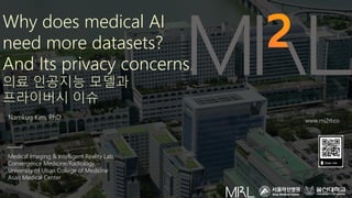 Why does medical AI
need more datasets?
And Its privacy concerns.
의료 인공지능 모델과
프라이버시 이슈
Medical Imaging & Intelligent Reality Lab.
Convergence Medicine/Radiology,
University of Ulsan College of Medicine
Asan Medical Center
Namkug Kim, PhD www.mi2rl.co
 