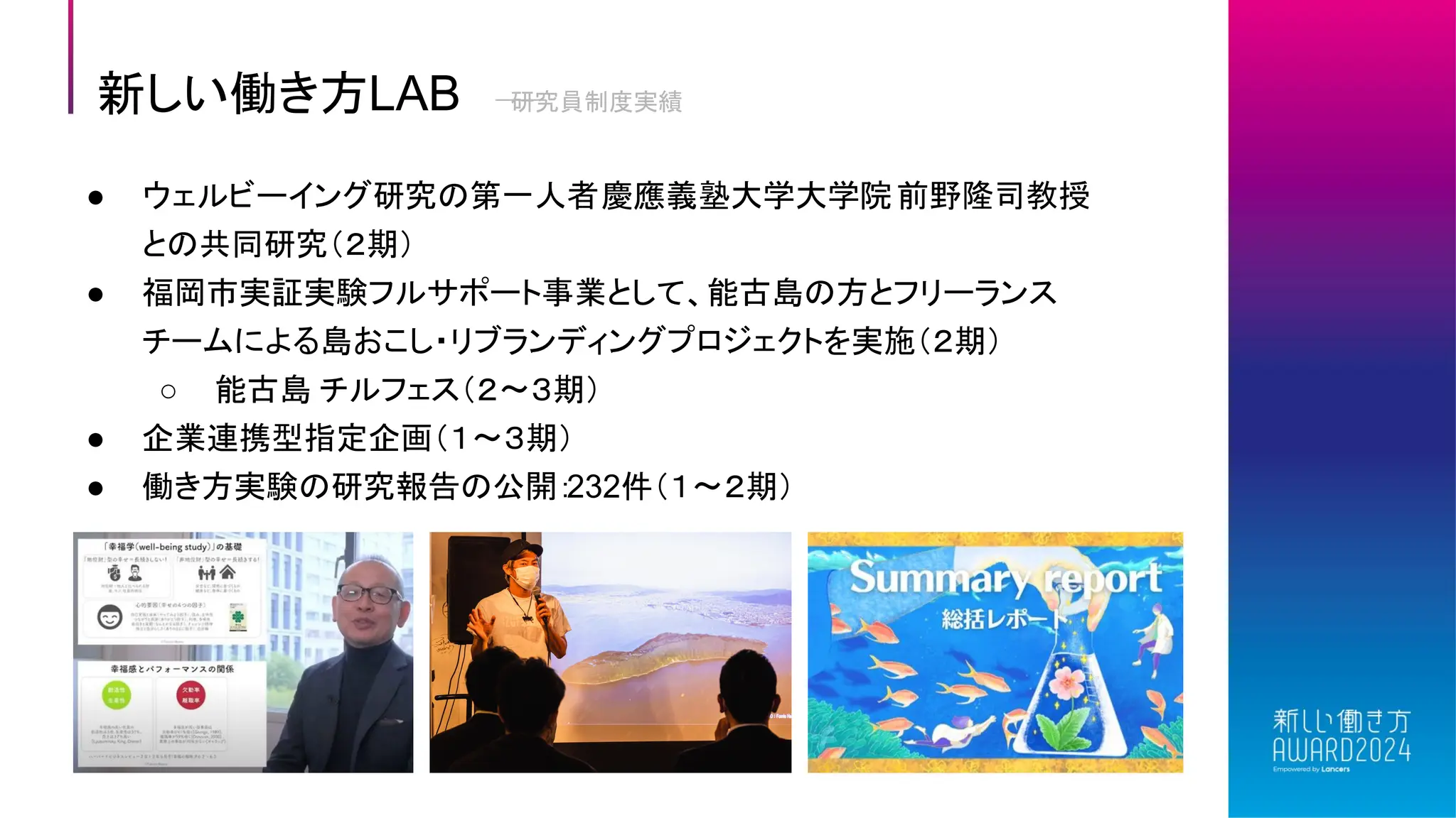 ● ウェルビーイング研究の第一人者慶應義塾大学大学院前野隆司教授
との共同研究（２期）
● 福岡市実証実験フルサポート事業として、能古島の方とフリーランス
チームによる島おこし・リブランディングプロジェクトを実施（２期）
○ 能古島 チルフェス（２〜３期）
● 企業連携型指定企画（１〜３期）
● 働き方実験の研究報告の公開：
232件（１〜２期）
新しい働き方LAB 研究員制度実績
 