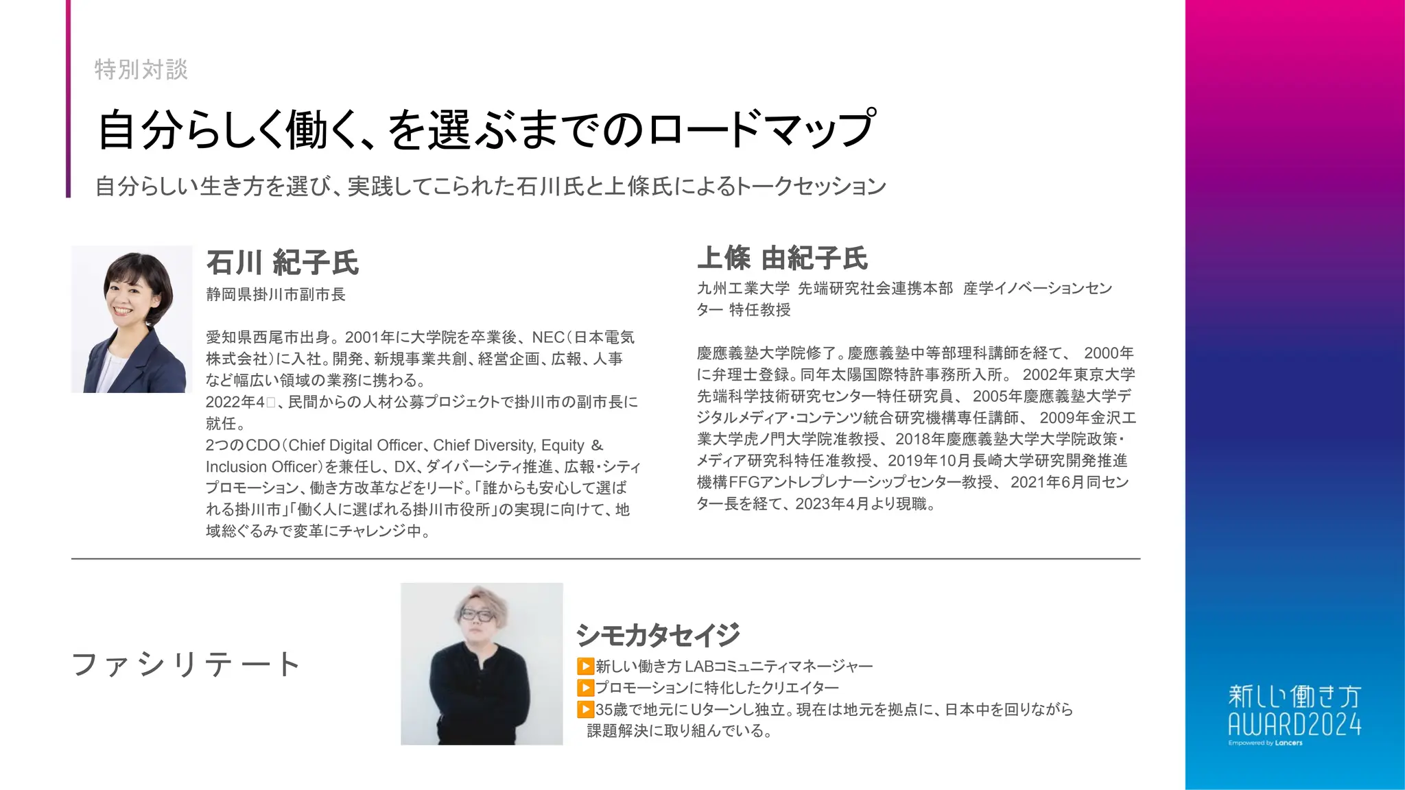 シモカタセイジ
▶新しい働き方 LABコミュニティマネージャー
▶プロモーションに特化したクリエイター
▶35歳で地元に Uターンし独立。現在は地元を拠点に、日本中を回りながら
課題解決に取り組んでいる。
フ ァ シ リ テ ー ト
自分らしく働く、を選ぶまでのロードマップ
特別対談
自分らしい生き方を選び、実践してこられた石川氏と上條氏によるトークセッション
石川 紀子氏
静岡県掛川市副市長
愛知県西尾市出身。 2001年に大学院を卒業後、 NEC（日本電気
株式会社）に入社。開発、新規事業共創、経営企画、広報、人事
など幅広い領域の業務に携わる。
2022年4⽤、民間からの人材公募プロジェクトで掛川市の副市長に
就任。
2つのCDO（Chief Digital Officer、Chief Diversity, Equity ＆
Inclusion Officer）を兼任し、 DX、ダイバーシティ推進、広報・シティ
プロモーション、働き方改革などをリード。「誰からも安心して選ば
れる掛川市」「働く人に選ばれる掛川市役所」の実現に向けて、地
域総ぐるみで変革にチャレンジ中。
上條 由紀子氏
九州工業大学 先端研究社会連携本部 産学イノベーションセン
ター 特任教授
慶應義塾大学院修了。慶應義塾中等部理科講師を経て、 2000年
に弁理士登録。同年太陽国際特許事務所入所。 2002年東京大学
先端科学技術研究センター特任研究員、 2005年慶應義塾大学デ
ジタルメディア・コンテンツ統合研究機構専任講師、 2009年金沢工
業大学虎ノ門大学院准教授、 2018年慶應義塾大学大学院政策・
メディア研究科特任准教授、 2019年10月長崎大学研究開発推進
機構FFGアントレプレナーシップセンター教授、 2021年6月同セン
ター長を経て、 2023年4月より現職。
 
