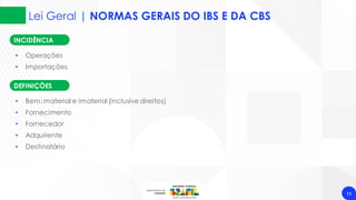 INCIDÊNCIA
Lei Geral | NORMAS GERAIS DO IBS E DA CBS
11
• Operações
• Importações
DEFINIÇÕES
• Bem: material e imaterial (inclusive direitos)
• Fornecimento
• Fornecedor
• Adquirente
• Destinatário
 