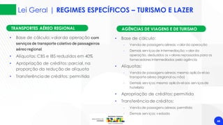 Lei Geral | REGIMES ESPECÍFICOS – TURISMO E LAZER
44
TRANSPORTES AÉREO REGIONAL
• Base de cálculo: valor da operação com
serviços de transporte coletivo de passageiros
aéreo regional
• Alíquotas: CBS e IBS reduzidos em 40%
• Apropriação de créditos: parcial, na
proporção da redução de alíquota
• Transferênciade créditos: permitida
• Base de cálculo:
‐ Venda de passagens aéreas: valor da operação
‐ Demais serviços de intermediação: valor da
operação, deduzidos os valores repassados para os
fornecedores intermediados pela agência
• Alíquotas:
‐ Venda de passagens aéreas: mesma aplicável ao
transporteaéreo (regional ou não)
‐ Demais serviços: mesma aplicável aos serviçosde
hotelaria
• Apropriação de créditos: permitida
• Transferênciade créditos:
‐ Venda de passagens aéreas: permitida
‐ Demais serviços: vedada
AGÊNCIAS DE VIAGENS E DE TURISMO
 
