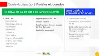 5
LEI GERAL DO IBS, DA CBS E DO IMPOSTO SELETIVO
• IBS e CBS
• Normas gerais
• Modelo operacional
• Importações
• Exportações
• Cashback
• Cesta Básica
• Regimes diferenciados
• Regimes específicos
• Administração
• Transição
• Regimes próprios da CBS
• Imposto Seletivo
• Zona Franca de Manaus e Áreas
de Livre Comércio
• Avaliação quinquenal
LEI DE GESTÃO E
ADMINISTRAÇÃO DO IBS
• Comitê Gestor do IBS
• Contencioso administrativo
do IBS
• Distribuição das receitas do
IBS entre os Estados, os
Municípios e o DF
• Ressarcimento dos saldos
credores de ICMS
acumulados
Contextualização | Projetos elaborados
 