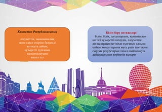 Қазақстан Республикасының
әлеуметтік, экономикалық
және саяси өміріне белсенді
қатысуға дайын,
құзыретті тұлғаның
қалыптасыуына
ықпал ету
Білім беру нәтижелері
Білім, білік, дағдылардың, қалыптасқан
негізгі құзыреттіліктердің, әлеуметтік
дағдылардың негізінде тұлғаның алдына
қойған мақсаттарына жету үшін ішкі және
сыртқы ресурстарын тиімді пайдалануға
дайындығынан көрінетін құзырет
 