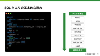 SQL クエリの基本的な流れ
クエリの実行
結果の表示
FROM
JOIN
WHERE
GROUP BY
HAVING
SELECT
DISTINCT
ORDER BY
LIMIT
16
※ 実践編で説明
 