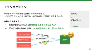 データベースの信頼性を担保するための仕組み。
トランザクションの中（BEGIN ~ COMMIT）で信頼性が担保される。
背景となる考え方：
● 複数の書き込みによる競合問題を上手く解決したい
● データの書き込みに失敗したら失敗前の状態に戻って欲しい
トランザクション
19
BEGIN;
…
UPDATE …;
…
COMMIT;
�
 