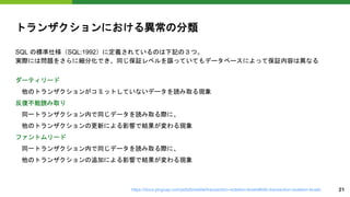 トランザクションにおける異常の分類
SQL の標準仕様（SQL:1992）に定義されているのは下記の３つ。
実際には問題をさらに細分化でき、同じ保証レベルを謳っていてもデータベースによって保証内容は異なる
ダーティリード
他のトランザクションがコミットしていないデータを読み取る現象
反復不能読み取り
同一トランザクション内で同じデータを読み取る際に、
他のトランザクションの更新による影響で結果が変わる現象
ファントムリード
同一トランザクション内で同じデータを読み取る際に、
他のトランザクションの追加による影響で結果が変わる現象
https://docs.pingcap.com/ja/tidb/stable/transaction-isolation-levels#tidb-transaction-isolation-levels 21
 