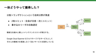 一体どうやって獲得した？
分散トランザクションという技術分野が発達
● 2相コミット（全員が合意・次にコミット）
● 書き込みリーダの自動選定
複雑な仕組みと難しいメンテナンスコストが発生する。
Google Cloud Spanner はフルマネージドなサービスとして
それらの複雑さを意識しなくて良いサービスを提供している
50
 