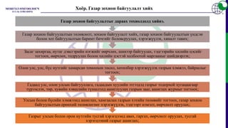 Газрыг улсын болон орон нутгийн тусгай хэрэгцээнд авах, гаргах, өөрчлөлт оруулах, тусгай
хэрэгцээний газрыг ашиглах;
Улсын болон бүсийн хэмжээнд ашиглах, хамгаалах газрын хэтийн төлөвийг тогтоох, газар зохион
байгуулалтын ерөнхий төлөвлөгөөг хэрэгжүүлэх, тэдгээрт нэмэлт, өөрчлөлт оруулах;
Гадаад улс, олон улсын байгууллага, гадаадын хуулийн этгээдэд газрыг тодорхой хугацаагаар
түрээслэх, төр, хувийн хэвшлийн түншлэлд ашиглуулах газрын зааг, ашиглах журмыг тогтоох;
Олон улс, улс, бүс нутгийг хамарсан томоохон төсөл, хөтөлбөр хэрэгжүүлэх газрын хэмжээ, байршлыг
тогтоох;
Засаг захиргаа, нутаг дэвсгэрийн нэгжийг өөрчлөх, шинээр байгуулах, тэдгээрийн хилийн цэсийг
тогтоох, өөрчлөх, тодруулах болон хилийн цэстэй холбоотой маргааныг шийдвэрлэх;
Газар зохион байгуулалтын төлөвлөлт, зохион байгуулалт хийх, газар зохион байгуулалтын үндсэн
болон хот байгуулалтын баримт бичгийг боловсруулах, хэрэгжүүлэх, хяналт тавих;
Газар зохион байгуулалтыг дараах тохиолдолд хийнэ.
Хоёр. Газар зохион байгуулалт хийх
 