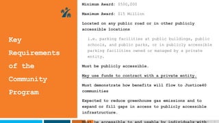 Key
Requirements
of the
Community
Program
Minimum Award: $500,000
Maximum Award: $15 Million
Located on any public road or in other publicly
accessible locations
i.e. parking facilities at public buildings, public
schools, and public parks, or in publicly accessible
parking facilities owned or managed by a private
entity.
Must be publicly accessible.
May use funds to contract with a private entity.
Must demonstrate how benefits will flow to Justice40
communities
Expected to reduce greenhouse gas emissions and to
expand or fill gaps in access to publicly accessible
infrastructure.
driveelectric.gov | 6
 