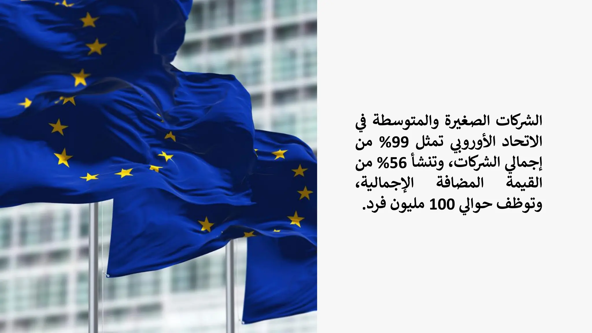 ‫كات‬ ‫ر‬
‫الش‬
‫ة‬ ‫ر‬
‫الصغي‬
‫والمتوسط‬
‫ة‬
‫ي‬
‫ف‬
‫االتحاد‬
‫ي‬
‫األوروب‬
‫تمثل‬
99
%
‫من‬
‫ي‬
‫إجمال‬
،‫كات‬ ‫ر‬
‫الش‬
‫وتنشأ‬
56
%
‫من‬
‫القيمة‬
‫المضافة‬
،‫اإلجمالية‬
‫وتوظف‬
‫ي‬
‫حوال‬
100
‫مليون‬
‫فرد‬
.
 