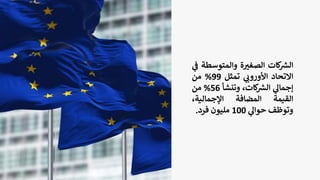‫كات‬ ‫ر‬
‫الش‬
‫ة‬ ‫ر‬
‫الصغي‬
‫والمتوسط‬
‫ة‬
‫ي‬
‫ف‬
‫االتحاد‬
‫ي‬
‫األوروب‬
‫تمثل‬
99
%
‫من‬
‫ي‬
‫إجمال‬
،‫كات‬ ‫ر‬
‫الش‬
‫وتنشأ‬
56
%
‫من‬
‫القيمة‬
‫المضافة‬
،‫اإلجمالية‬
‫وتوظف‬
‫ي‬
‫حوال‬
100
‫مليون‬
‫فرد‬
.
 