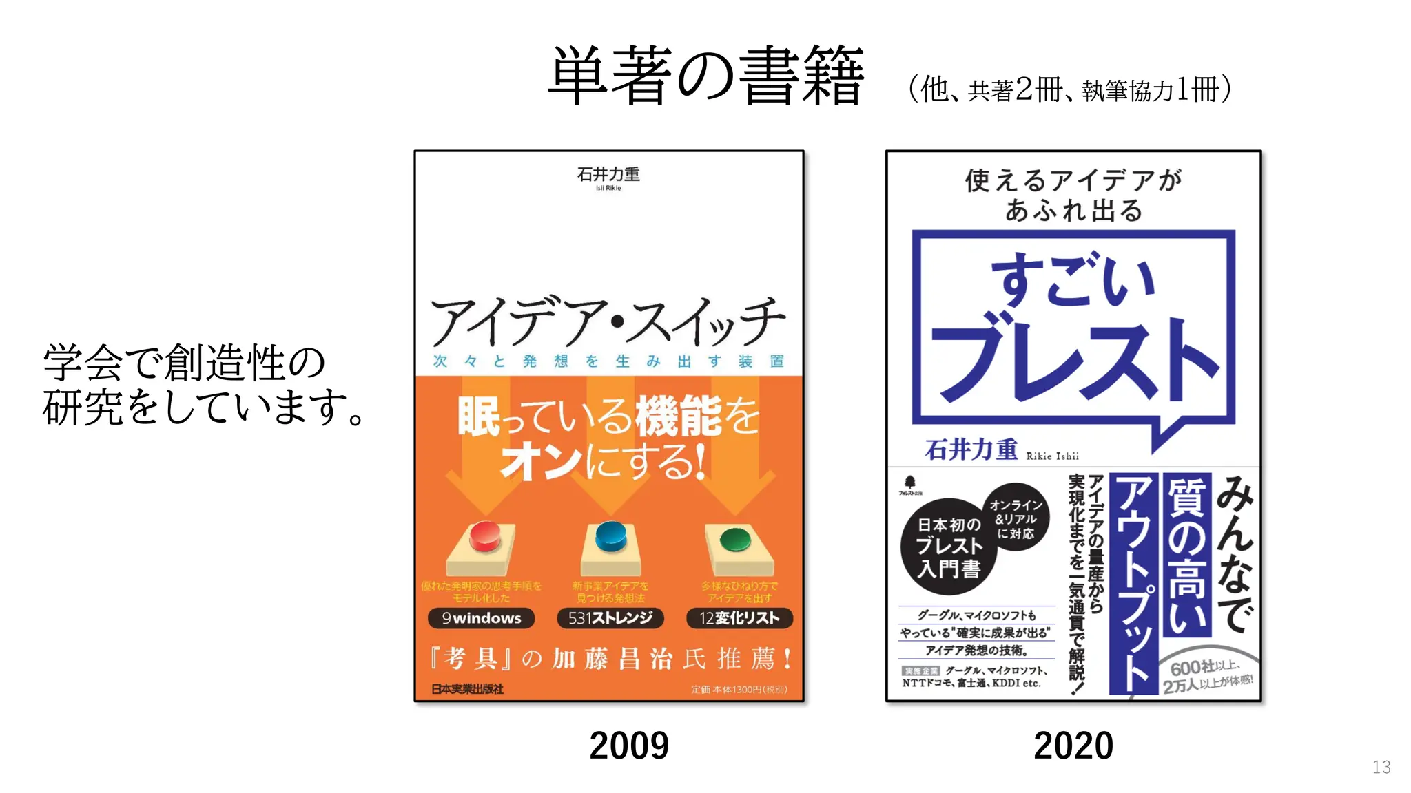 単著の書籍 （他、共著2冊、執筆協力1冊）
2009 2020
学会で創造性の
研究をしています。
13
 