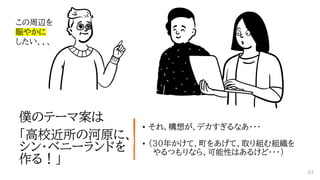 僕のテーマ案は
「高校近所の河原に、
シン・ベニーランドを
作る！」
• それ、構想が、デカすぎるなあ・・・
• （30年かけて、町をあげて、取り組む組織を
やるつもりなら、可能性はあるけど・・・）
この周辺を
賑やかに
したい、、、
33
 