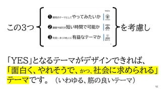 「YES」となるテーマがデザインできれば、
「面白く、やれそうで、かつ、社会に求められる」
テーマです。 （いわゆる、筋の良いテーマ）
この3つ を考慮し
52
 
