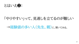 とはいえ❷：
「やりやすい」って、見通しを立てるのが難しい
→経験値の多い人（先生、親）に、聞いてみる。
57
 