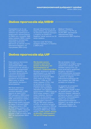 012
МАКРОЕКОНОМІЧНИЙ ДАЙДЖЕСТ УКРАЇНИ
липень 2024 року
Зміна прогнозів від МВФ
Зміна прогнозів від UIF
Незважаючи на те, що
офіційні особи України
заявили про необхідність
додаткового фінансування
на 2024 рік у розмірі 200
млрд гривень, МВФ у своїх
прогнозах в четвертому
перегляді програми
фактично не змінив оцінку
виконання бюджету за
підсумками 2024 року.
Доходи збільшилися на 28
млрд гривень, що відбулося
за рахунок корекції доходів
з податку на прибуток.
Видатки також зросли на 39
млрд гривень.
Гранти в сумі 12,1 млрд
доларів надійдуть в Україну
у 2024 році.
Дефіцит бюджету
збільшився з 13,7% до
14,2% ВВП, викликаний
зменшенням рівня
номінального ВВП України.
Наші зміни у прогнозах
щодо бюджету за
підсумками 2024 року
базуються як на змінах у
доходній та видатковій
частинах бюджету, так
і на рівні фінансування,
значного отримання
військової західної
допомоги за підсумками
2024 року, а також
лімітування західного
фінансування.
Ми були скептично
налаштовані щодо
доходів держави з ПДВ,
маючи на увазі 8,9%
ВВП доходів у 2023 році.
Проте скасування пільг з
ПДВ, девальвація гривні,
зростання імпорту та
фактичний рівень доходів
за перші 5 місяців 2024
року (зростання з 203
до 299 млрд гривень, що
становить +46%), змусили
нас значно переглянути
доходи з ПДВ до рівня 10%
ВВП за підсумками 2024
року.
Ми бачимо високі
ризики в зростанні
витрат на безпеку, які
безпосередньо не
пов'язані з веденням війни.
Витрати загального фонду
держбюджету на зарплати
військовослужбовців
зросли за 5 місяців 2024
року лише на 11 млрд
гривень, з 366 до 377
млрд гривень (+3%), тоді
як витрати на оплату
використання товарів
і послуг для підтримки
Збройних Сил України
скоротилися з 190,9 млрд до
101,3 млрд гривень (-89,6
млрд гривень). Загальні
видатки на внутрішню
безпеку загального фонду
держбюджету зросли з
155 до 188 млрд гривень
(+21%), а загальні витрати
на оборону зросли з 535 до
579 млрд гривень за перші
5 місяців 2024 року. Таким
чином, сума "інших" витрат
на безпеку збільшилася з
133 до 279 млрд гривень.
Ми не можемо точно
підтвердити ці цифри через
секретність витрат, проте
можемо припустити, що
вони включають додаткові
витрати, пов'язані з
мобілізаційними заходами
та соціальними виплатами
у зв'язку зі смертю
військовослужбовців (15
млн гривень або 380 тис.
доларів за солдата).
Ці видатки не узгоджені
з МВФ та західними
партнерами і вкрай згубні
на даний момент (що вже
змусило бюджет зменшити
витрати на захист солдат в
1,8 рази) і безпосередньо
ведуть до суттєвого
перевищення видатків
бюджету, що може досягти
600 млрд гривень за
підсумками 2024 року.
 
