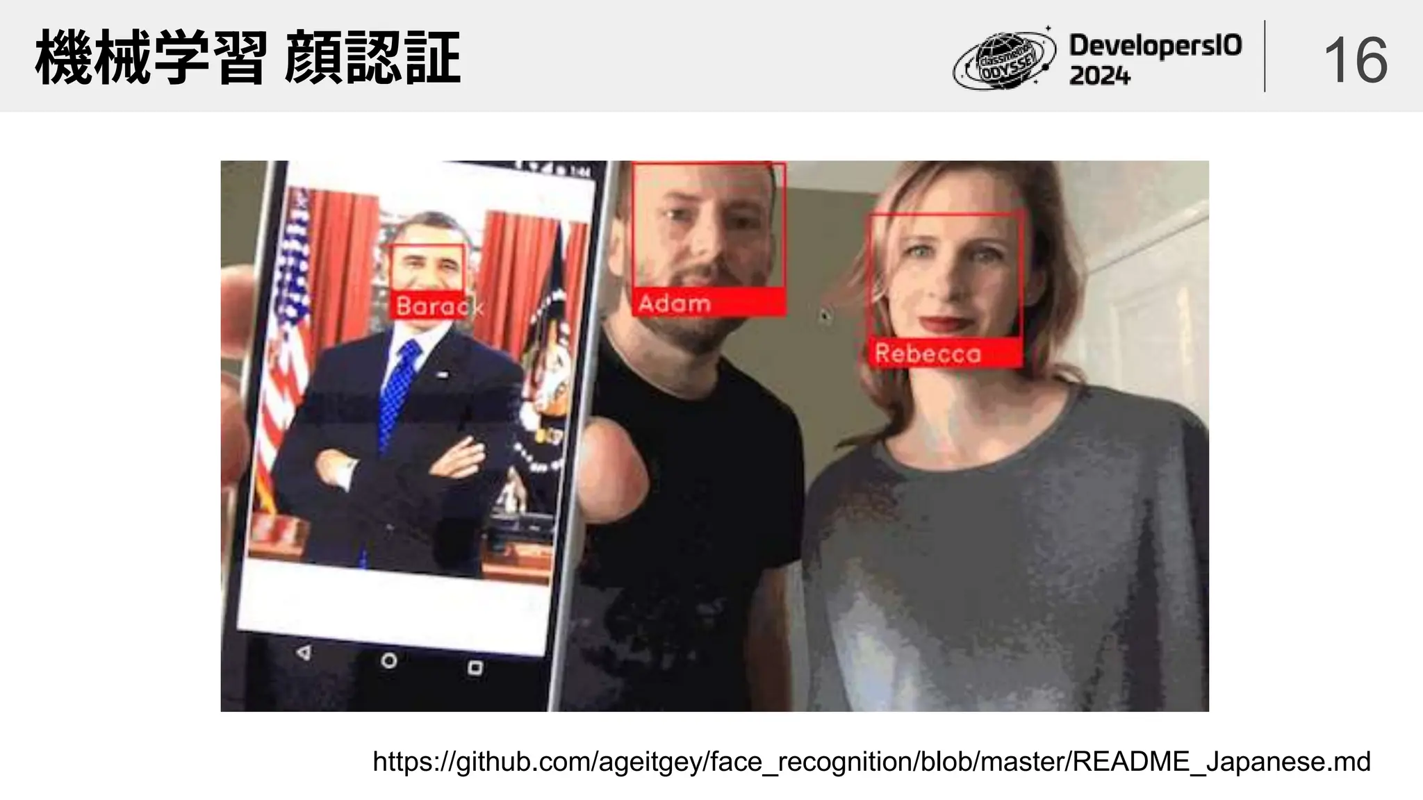 機械学習 顔認証 16
https://github.com/ageitgey/face_recognition/blob/master/README_Japanese.md
 