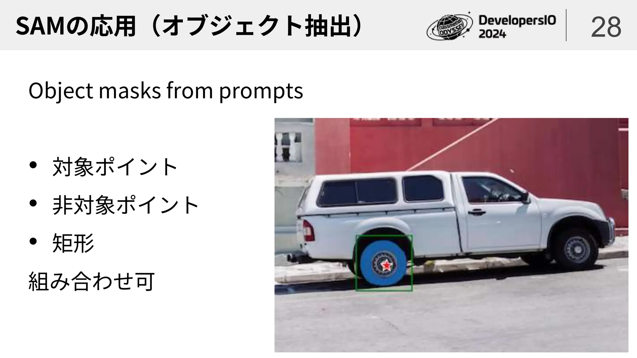 SAMの応用（オブジェクト抽出）
Object masks from prompts
• 対象ポイント
• 非対象ポイント
• 矩形
組み合わせ可
28
 