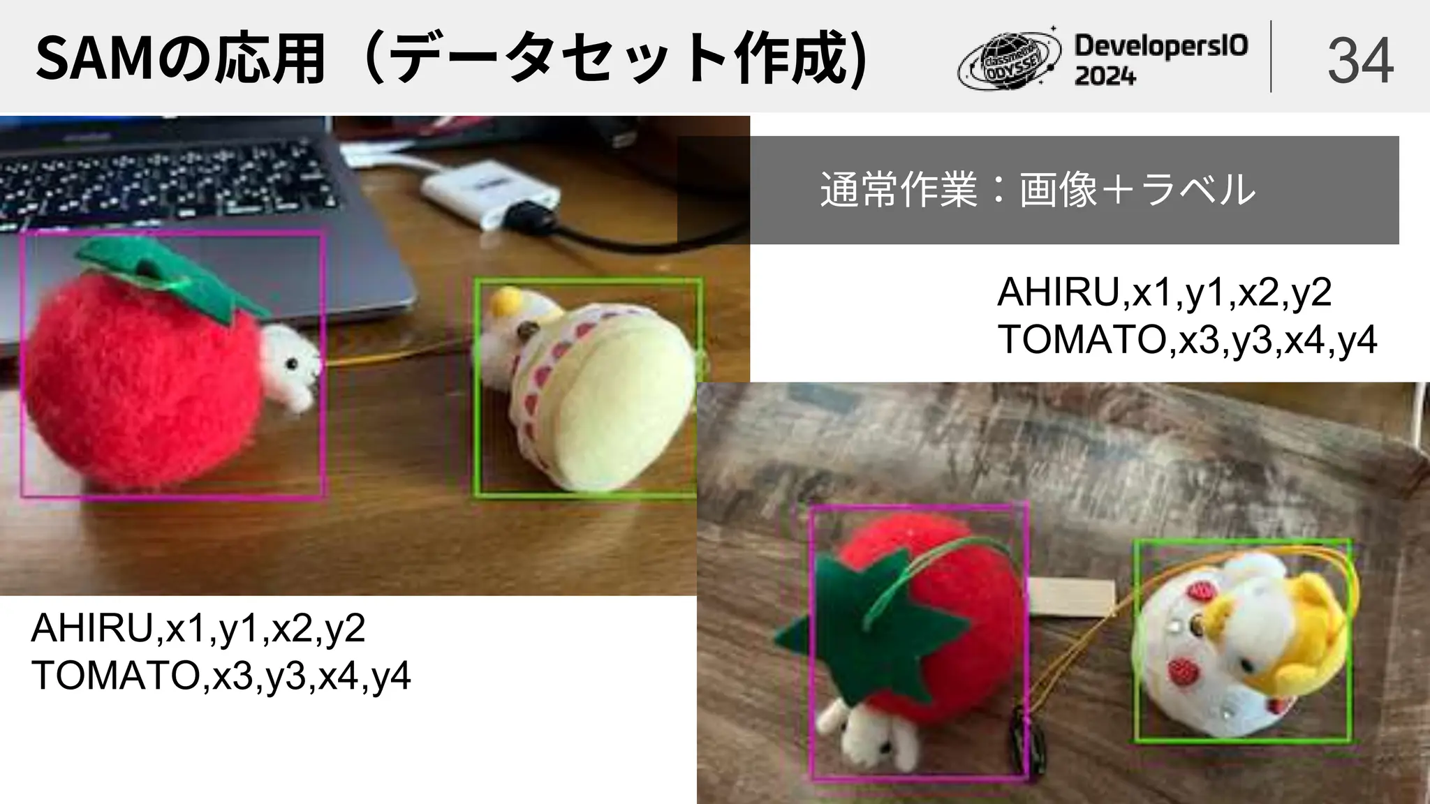 SAMの応用（データセット作成) 34
AHIRU,x1,y1,x2,y2
TOMATO,x3,y3,x4,y4
AHIRU,x1,y1,x2,y2
TOMATO,x3,y3,x4,y4
通常作業：画像＋ラベル
 