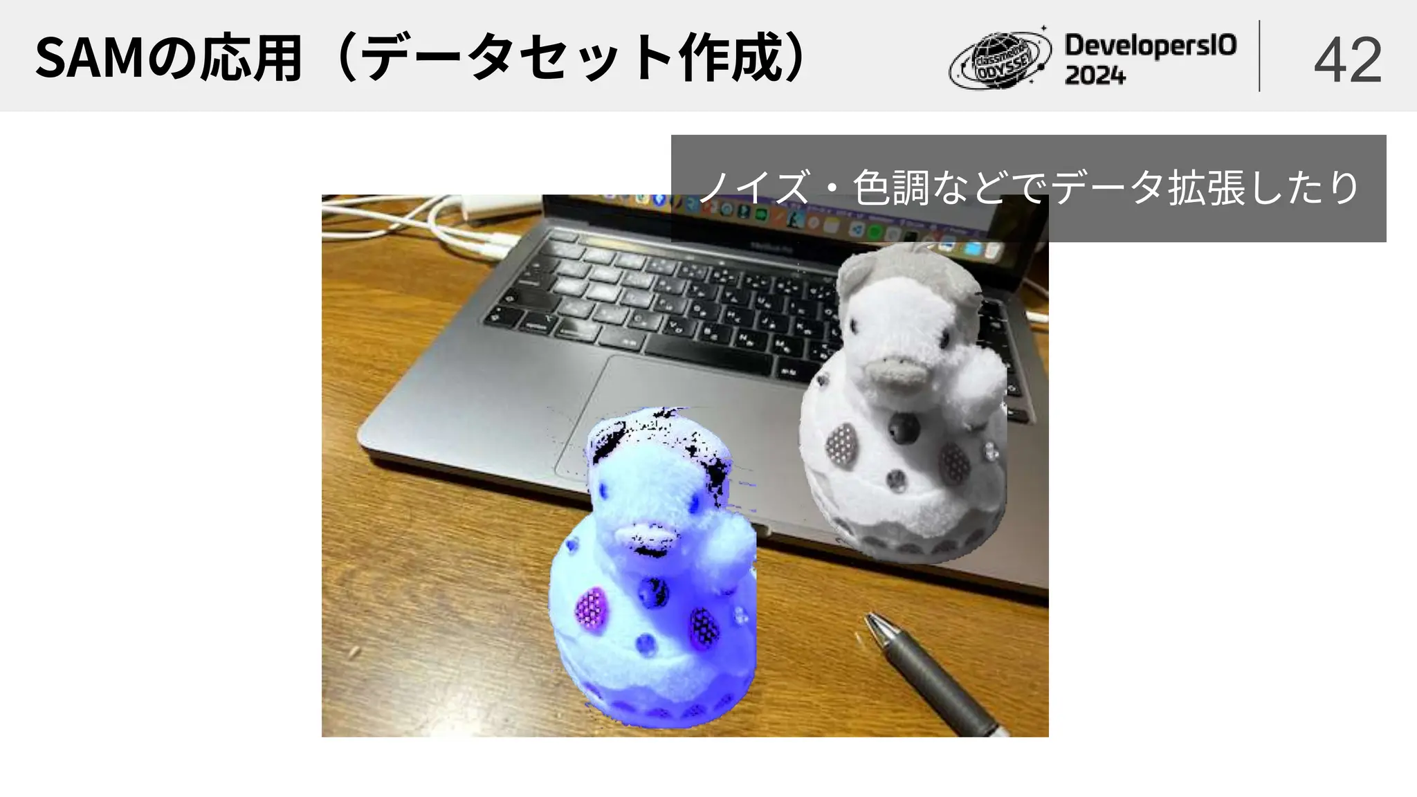 SAMの応用（データセット作成） 42
ノイズ・色調などでデータ拡張したり
 