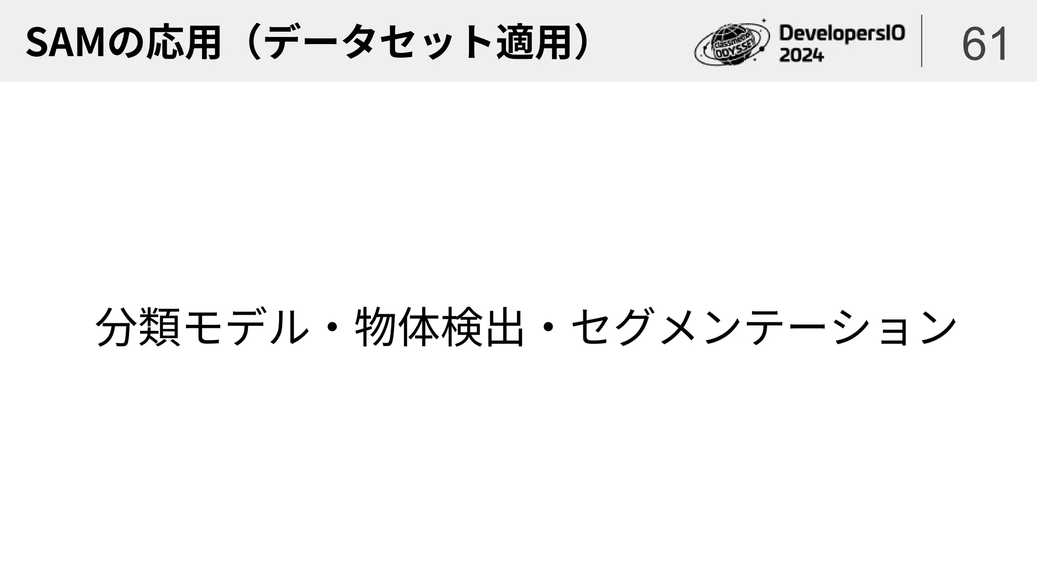 SAMの応用（データセット適用）
分類モデル・物体検出・セグメンテーション
61
 