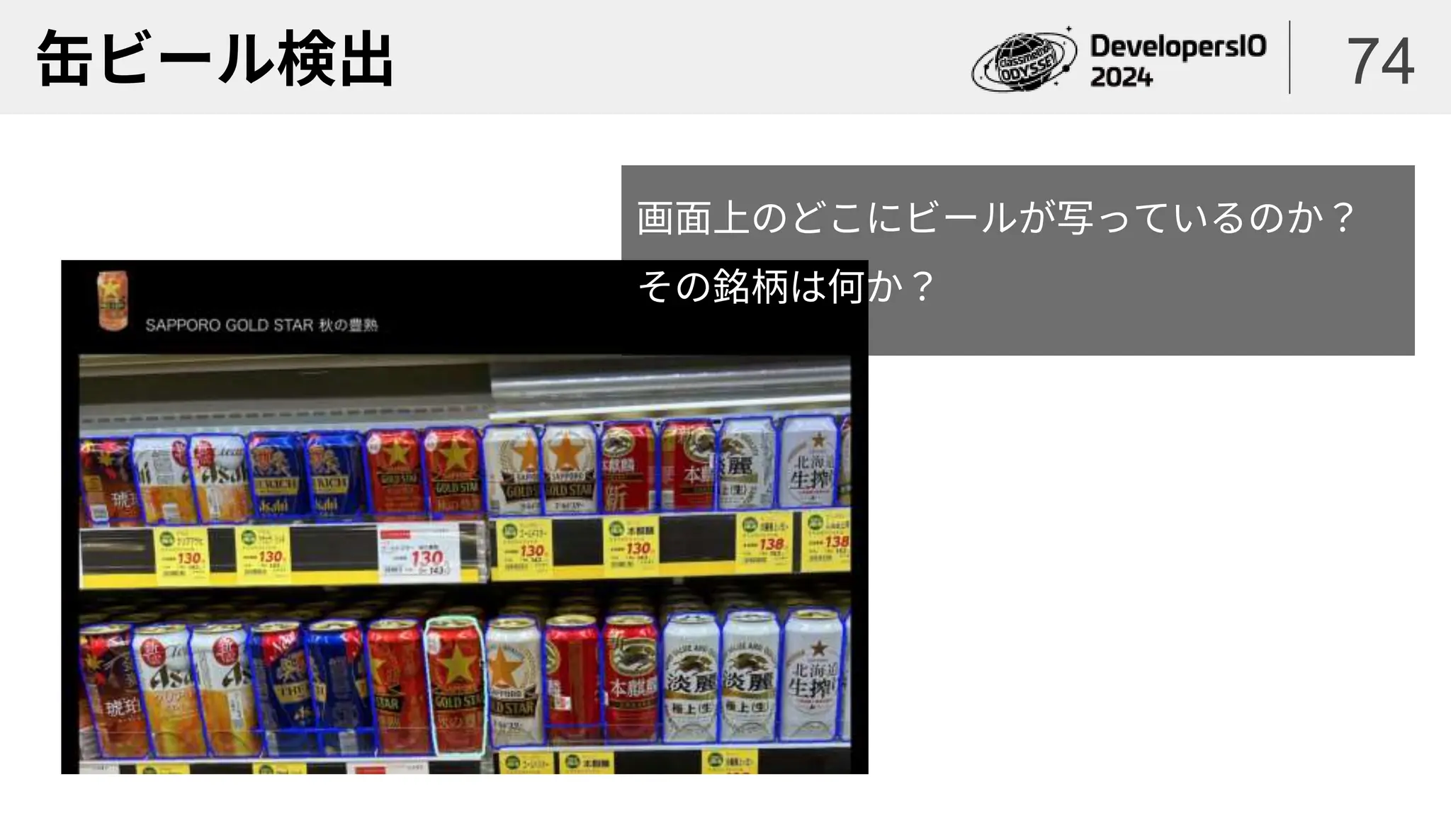 缶ビール検出 74
画面上のどこにビールが写っているのか？
その銘柄は何か？
 